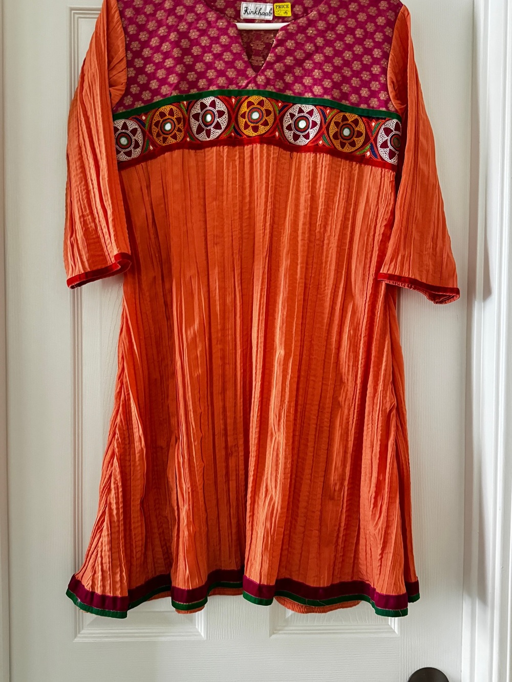 Vibrant Orange Embroidered Women's Tunic with Magenta Yoke